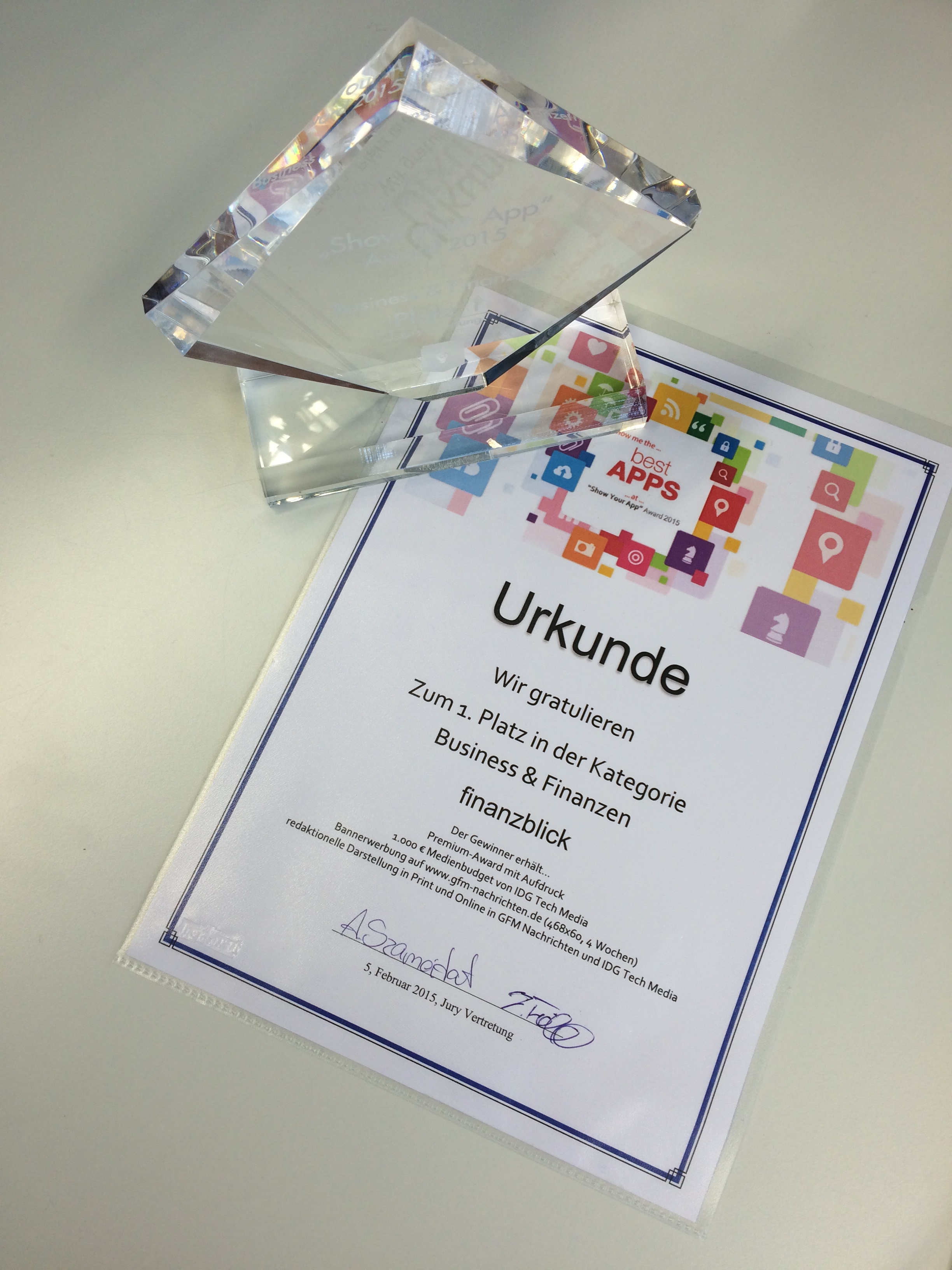 Show Your App Award 2015 certificate